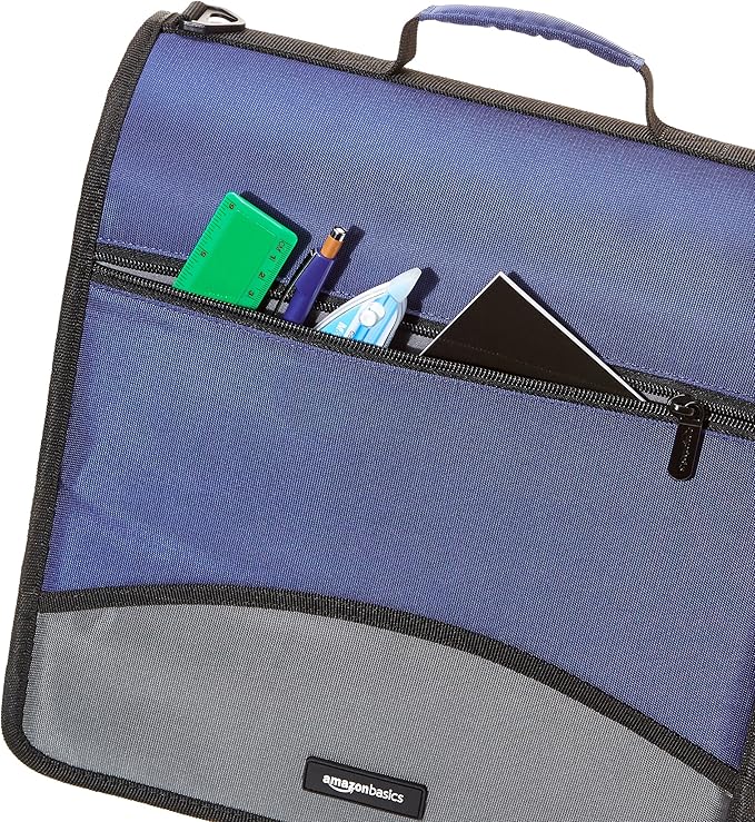 Amazon Basics Durable 3 Ring Zipper Binder with Multiple Pockets and Shoulder Strap, O-Ring Closure, Large Capacity, 4 inches, Blue