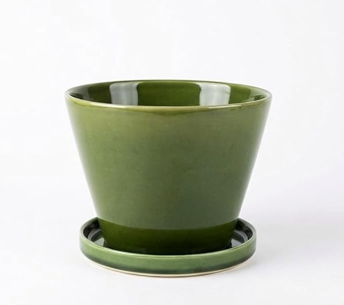 Glazed Gradient Color Ceramic Planter with Drainage Hole & Saucer for Indoor Tropical Plants, Green Reactive Glaze Plant Pot (Emerald Green, 6")