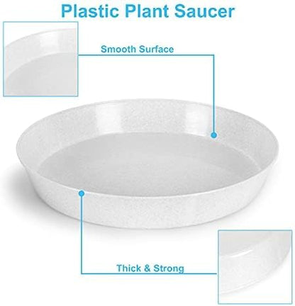 7" Saucer (Base of 5.5 ") Case of 10 Plant Saucers - White Granite Colored Polypropylene,Heavy Duty Indoor/Outdoor Collects Flower Pot Drainage and Excess Water, Made in USA