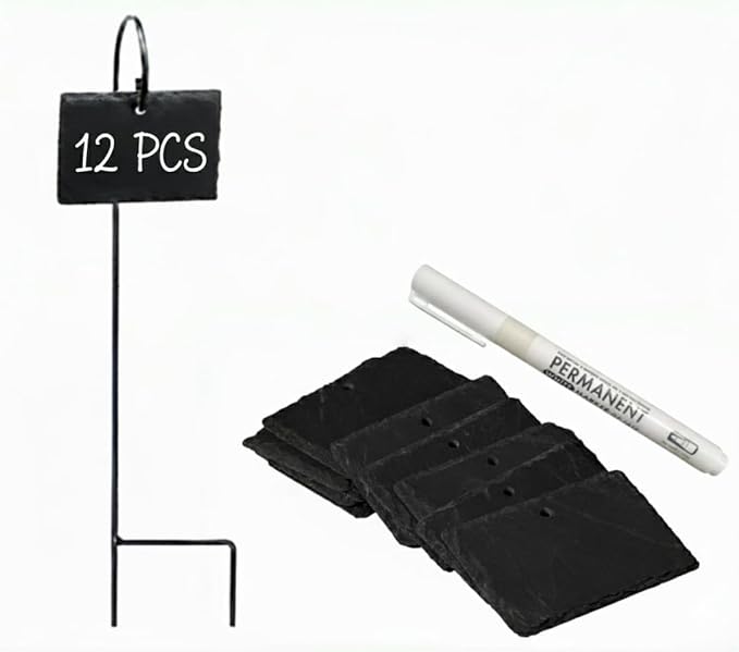 Leaf & Living Stone Plate Label for Plants, 12 pcs Natural Stone Plates, Black Stainless Steel Hangers, Weatherproof and Rust-Free, White Permanent Marker(12Plates & 12 Hanger & 1 Marker)