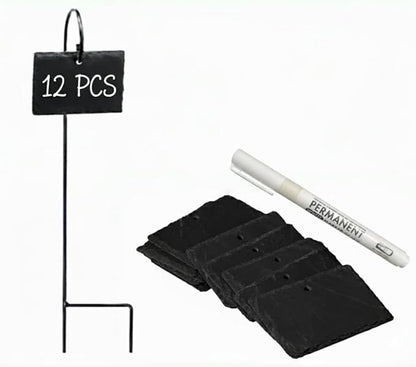 Leaf & Living Stone Plate Label for Plants, 12 pcs Natural Stone Plates, Black Stainless Steel Hangers, Weatherproof and Rust-Free, White Permanent Marker(12Plates & 12 Hanger & 1 Marker)