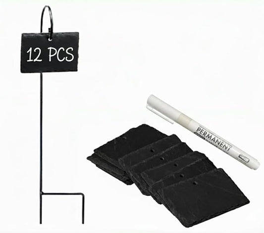 Leaf & Living Stone Plate Label for Plants, 12 pcs Natural Stone Plates, Black Stainless Steel Hangers, Weatherproof and Rust-Free, White Permanent Marker(12Plates & 12 Hanger & 1 Marker)