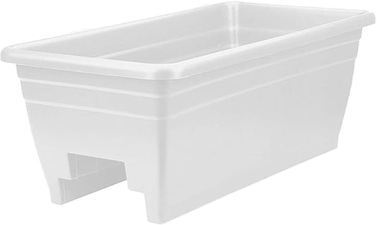 The HC Companies 24 Inch Wide Heavy Duty Plastic Deck Rail Mounted Garden Flower Planter Boxes with Removable Drainage Plugs, 2 Pack, White