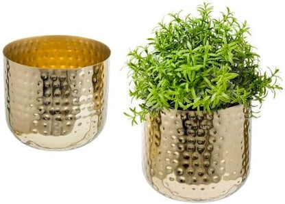 MyGift Modern Hammered Brass Plated Metal Planter Pots – Set of 2 Indoor Plant Containers, 6 & 5-Inch Cylindrical Metallic Planters – Handcrafted in India