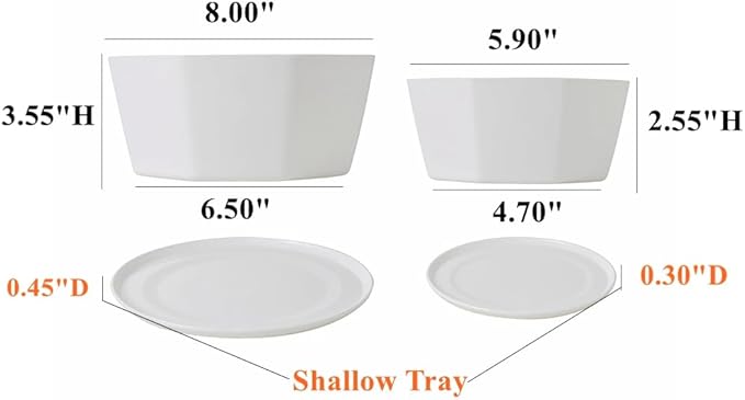 BangQiao 8 Pack 8.00 inch and 5.90 inch White Plastic Shallow Plant Pot, Octagon Bowl Planter Container with Pot Tray for Succulents, Cactus