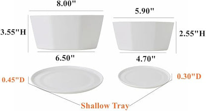 BangQiao 8 Pack 8.00 inch and 5.90 inch White Plastic Shallow Plant Pot, Octagon Bowl Planter Container with Pot Tray for Succulents, Cactus