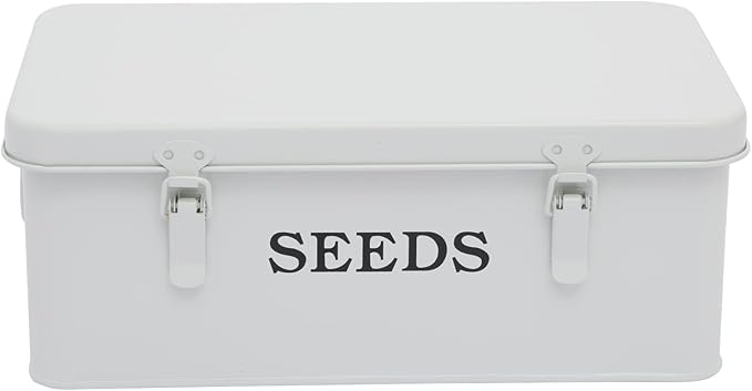 Seed Storage Box Metal Seed Container Seed Packet Storage Organizer, Seed Storage Container with Lid Seed Envelope Storage Box-4 Compartments Garden Seed Box with Safety Locks-White