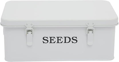 Seed Storage Box Metal Seed Container Seed Packet Storage Organizer, Seed Storage Container with Lid Seed Envelope Storage Box-4 Compartments Garden Seed Box with Safety Locks-White