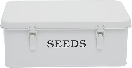 Seed Storage Box Metal Seed Container Seed Packet Storage Organizer, Seed Storage Container with Lid Seed Envelope Storage Box-4 Compartments Garden Seed Box with Safety Locks-White