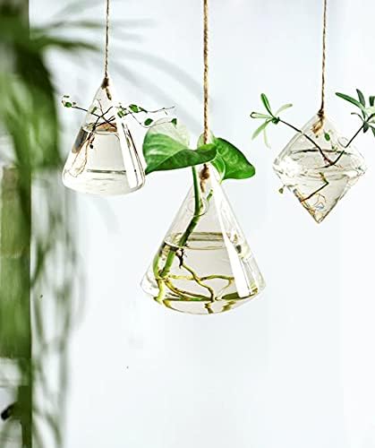 Kingbuy Hanging Glass Terrarium Propogation Planter Geometric Vase with Strings for Propagation Hydroponic Plant Home Garden Decor, 3 Type