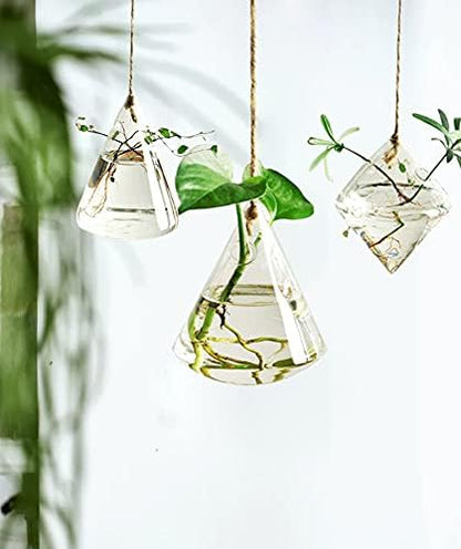 Kingbuy Hanging Glass Terrarium Propogation Planter Geometric Vase with Strings for Propagation Hydroponic Plant Home Garden Decor, 3 Type