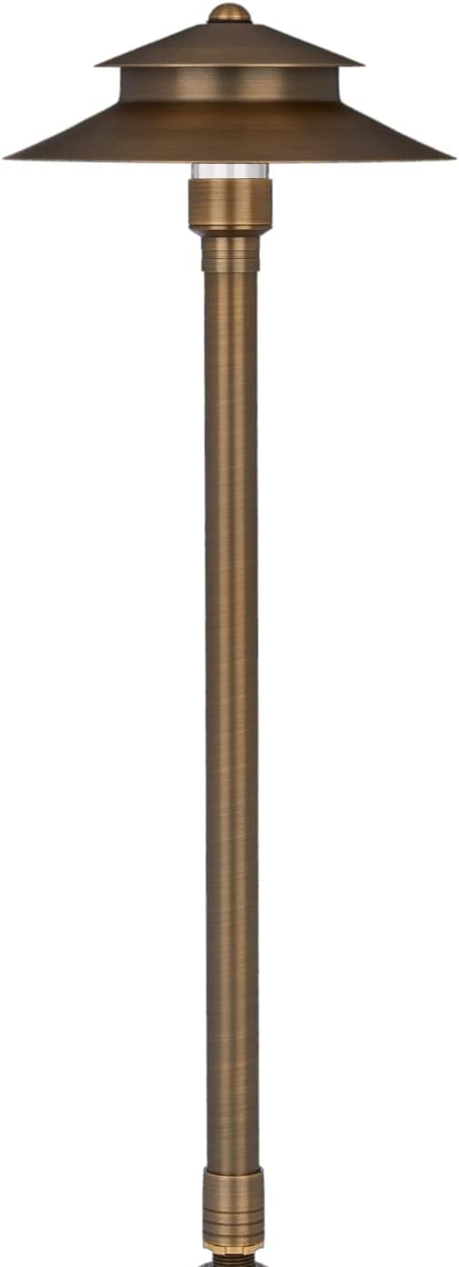 VOLT Stratum 12V Brass 2-Tier Path Light (9" Shade, 25" Tall) for Low Voltage Landscape Lighting on Outdoor Pathway, Walkway, Garden, Driveway or Patio