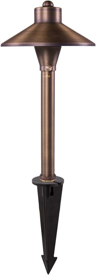 VOLT Flat Hat 12V Brass Mini Path Light (7" Shade, 15" Tall) for Low Voltage Landscape Lighting on Outdoor Pathway, Walkway, Garden, Driveway or Patio