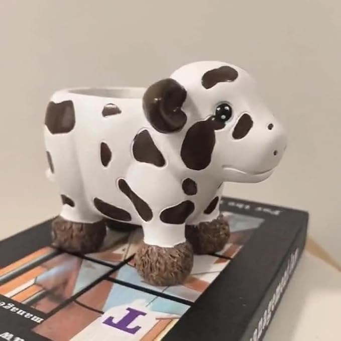 EOBTAIN Cute Animal Resin Succulent Small Pots Funny Planters for Indoor Plants Mini Unique Cactus Planter Pots Living Room Office Desktop Table Decor, Cow Lover Gifts, 4 Inch