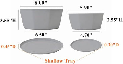 BangQiao 8 Pack 8.00 inch and 5.90 inch Gray Plastic Shallow Plant Pot, Octagon Bowl Planter Container with Pot Tray for Succulents, Cactus
