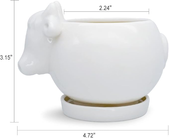 GeLive White Cow Planter, Cute Cartoon Plant Pot, Small Ceramic Succulent Pot, Fun Air Plant Holder, Pencil Holder Brush Organizer Animal Tabletop Decor Indoor Mini Cow Figurines Statue Funny Gift