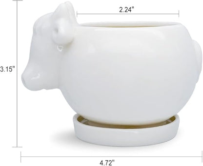 GeLive White Cow Planter, Cute Cartoon Plant Pot, Small Ceramic Succulent Pot, Fun Air Plant Holder, Pencil Holder Brush Organizer Animal Tabletop Decor Indoor Mini Cow Figurines Statue Funny Gift