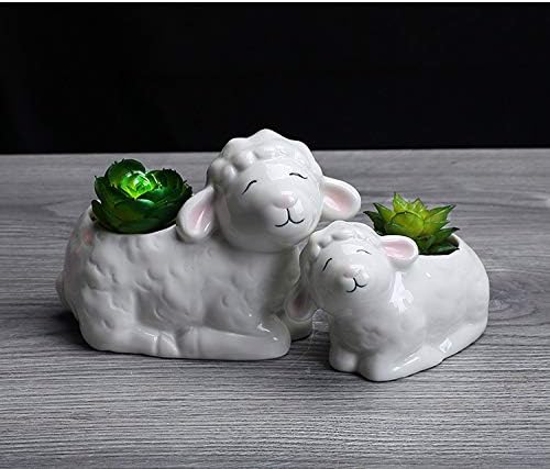 Funnuf Cute Animal White Ceramic Succulent Cactus Flower Planter for Home Garden Office Desktop, 2pcs, Small & Large White Sheep