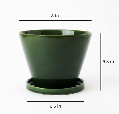 Glazed Gradient Color Ceramic Planter with Drainage Hole & Saucer for Indoor Tropical Plants, Green Reactive Glaze Plant Pot (Emerald Green, 8")