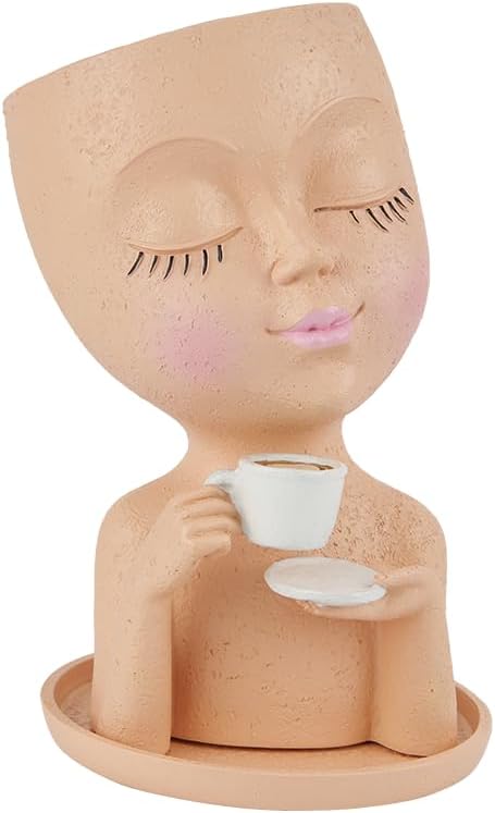 Face Planter Pots, Resin Face Planter for Indoor/Outdoor Plants,Head Planter with Drainage Hole/Removable Saucer,Girl Holding Coffe (Coffee, Skin)