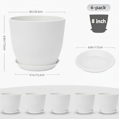 Plant Pots 8 Inch Set of 6, Flower Pots with Drainage Holes and Saucer, Plastic Garden Planters for Indoor & Outdoor Plants (White)
