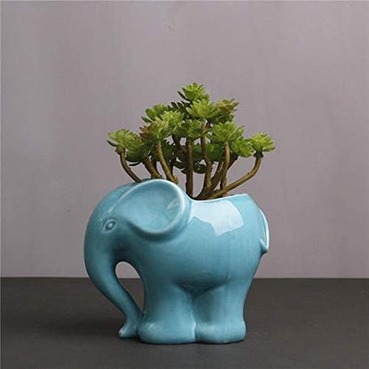 Cute Animal Elephant Shaped Ceramic Succulent Cactus Air Plant Flower Pots Planters-Plant Not Included (4＂Blue)