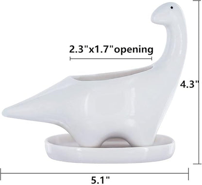 GeLive White Dinosaur Ceramic Succulent Planter Flower Plant Pot Window Box with Saucer Cartoon Animal Decor, 5 Inch, Indoor Outdoor