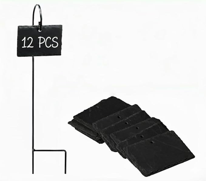 Leaf & Living Stone Plate Label for Plants, 12 pcs Natural Stone Plates, Black Stainless Steel Hangers, Weatherproof and Rust-Free, White Permanent Marker (12 Labels & Hangers)
