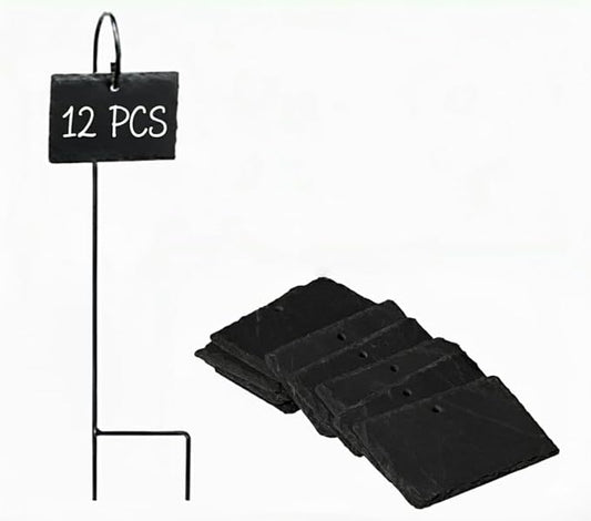 Leaf & Living Stone Plate Label for Plants, 12 pcs Natural Stone Plates, Black Stainless Steel Hangers, Weatherproof and Rust-Free, White Permanent Marker (12 Labels & Hangers)