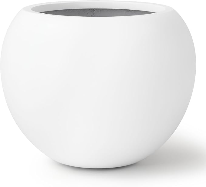 16" H x 20" D Globo Fiberstone Round Planter with Drainage Hole, Smooth Finishes, Weather Resistant for Indoor and Outdoor Use, Included 2 Extra Coco Mats (White, 13.5" Pot Opening)