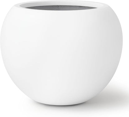 12.8" H x 16" D Globo Fiberstone Round Planter with Drainage Hole, Smooth Finishes, Weather Resistant for Indoor and Outdoor Use, Included 2 Extra Coco Mats (White, 10.7" Pot Opening)