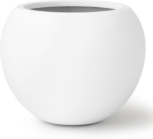 12.8" H x 16" D Globo Fiberstone Round Planter with Drainage Hole, Smooth Finishes, Weather Resistant for Indoor and Outdoor Use, Included 2 Extra Coco Mats (White, 10.7" Pot Opening)