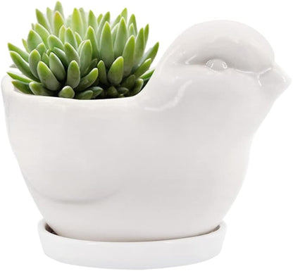 GeLive White Bird Ceramic Succulent Planter Animal Plant Pot Flower Vase Bonsai Windowsill Box with Drainage Saucer Adorable Indoor Home Decoration