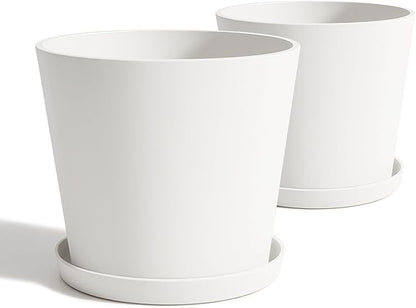 Wide Planters for Outdoor Plants, Extra Large Indoor Flower Pots for Garden, Front Porch, Patio - Round Resin Planter Set of 2 (White, 16 inch - 2 Pack with Saucers)