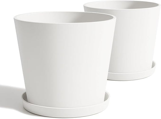 Wide Planters for Outdoor Plants, Extra Large Indoor Flower Pots for Garden, Front Porch, Patio - Round Resin Planter Set of 2 (White, 16 inch - 2 Pack with Saucers)