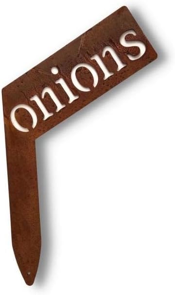 Planter Size Small Metal Garden Plant Vegetable Flower or Herb Markers 13.5 Inches Tall (onions, Naturally Rusted)