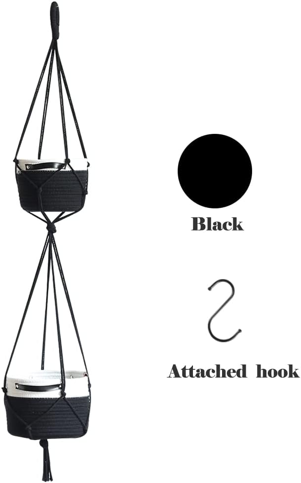 Tiered Macrame Hanging Planter One-Piece Cotton Woven Rope Flower Pots,Indoor Outdoor Home Decor Waterproof Lining Hydroponic Plant Baskets Pots-Black