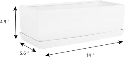 Vencer 14 Inch Rectangular Modern Minimalist Ceramic Succulent Planter Pot - Window Box with Saucer,Office Desktop Potted Stand,White,VF-0173W