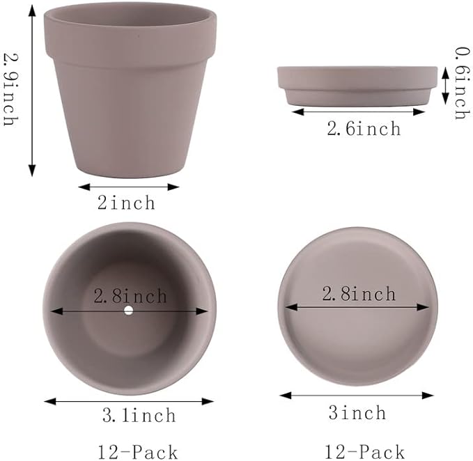 Yishang 12-Pack Grey Terra Cotta Pots with Saucer, 3-Inch, Great for Indoor Plants, Crafts, Wedding Favors