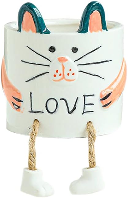 DIYOMR Smooth Glazed Ceramic Planter with Hanging Leg, Cute Cartoon Flower Plant Pots Drainage Hole Small Succulent Pots for Mini Flower Planters Cactus, Plants Not Include (Kitten)
