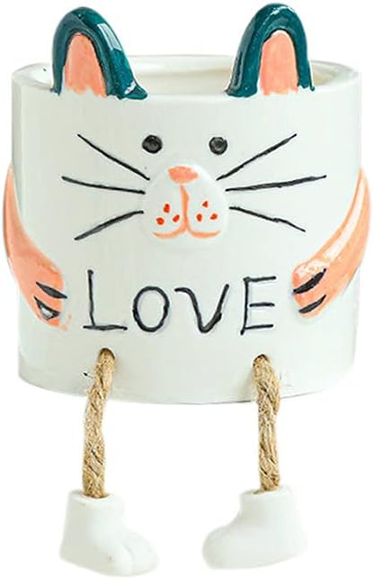 DIYOMR Smooth Glazed Ceramic Planter with Hanging Leg, Cute Cartoon Flower Plant Pots Drainage Hole Small Succulent Pots for Mini Flower Planters Cactus, Plants Not Include (Kitten)