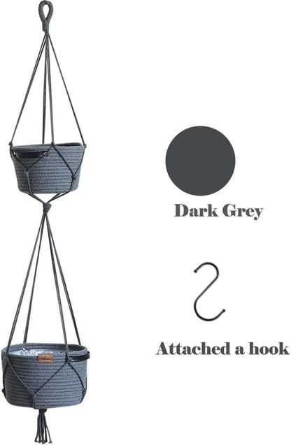 Tiered Macrame Hanging Planter One-Piece Cotton Woven Rope Flower Pots,Indoor Outdoor Home Decor Waterproof Lining Hydroponic Plant Baskets Pots-Dark Grey