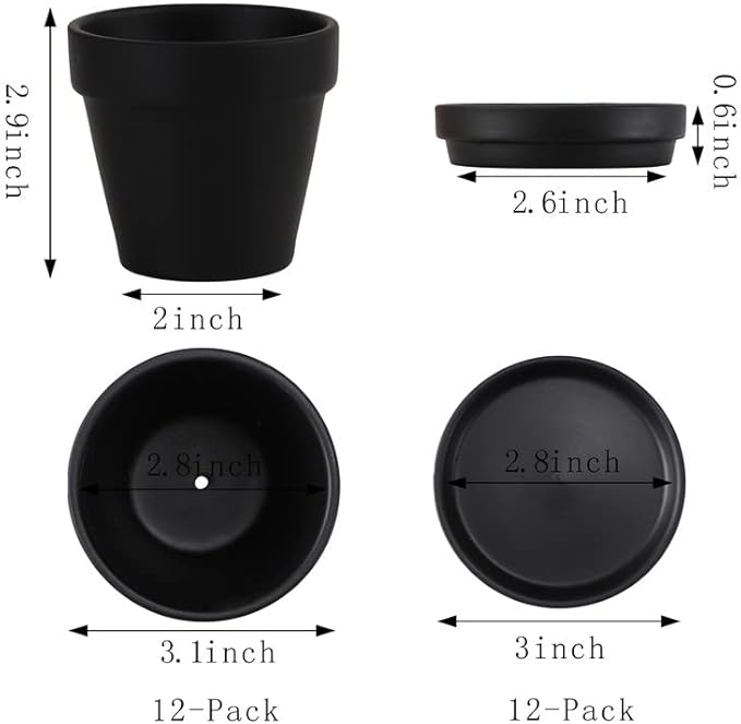Yishang Black Terra Cotta Pots with Saucer - 12-Pack Large Terracotta Pottery 3'' Clay Planter Cactus Flower Succulent Pot with Drainage Hole
