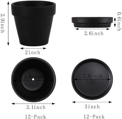 Yishang Black Terra Cotta Pots with Saucer - 12-Pack Large Terracotta Pottery 3'' Clay Planter Cactus Flower Succulent Pot with Drainage Hole