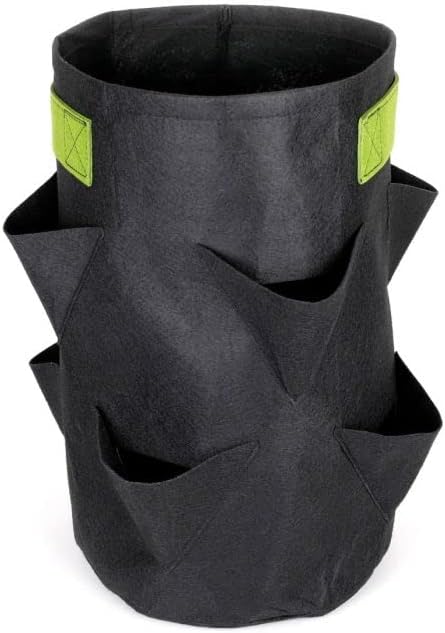 247Garden 5-Gallon Strawberry Fabric Pot +8 Mini Pockets w/Green Handles (260GSM, Black, 15H X 10D)