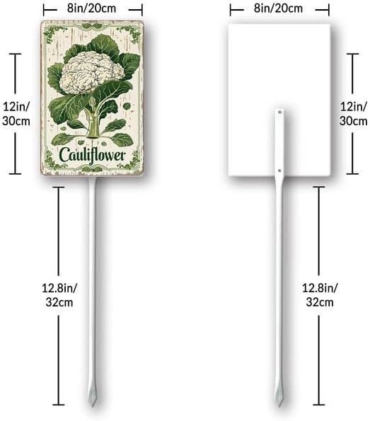Uptell Vintage Vegetable Signs for Garden with Stake Cauliflower Yard Sign Vegetable Garden Label Stakes Plant Markers for Outdoor Plants Waterproof 8x12inch