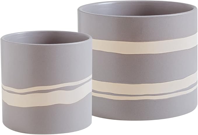 Nihow Modern Ceramic Plant Pot - 5 + 7 Inch Flower Pot for All Indoor Plants - Sturdy Planter Pots with Drainage Hole & Rubber Plugs - Semi-Matte Gray & Nature - Plants Not Included