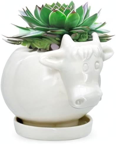 GeLive White Cow Planter, Cute Cartoon Plant Pot, Small Ceramic Succulent Pot, Fun Air Plant Holder, Pencil Holder Brush Organizer Animal Tabletop Decor Indoor Mini Cow Figurines Statue Funny Gift