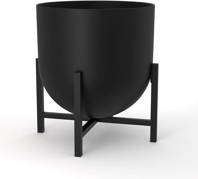 Olly & Rose Plant Pot with Plant Stand - Metal Plant Pots Indoor Planter 22cm Large Flower Pot (Black)