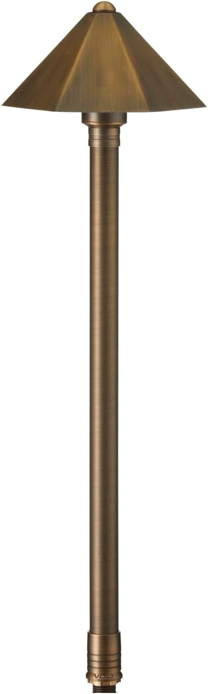 VOLT Parasol 12V Brass Path Light (25" Tall, 7" Shade) with 3W 2700K Warm White G4 LED Bulb for Low Voltage Landscape Lighting on Outdoor Pathway, Walkway, Garden, Driveway or Patio